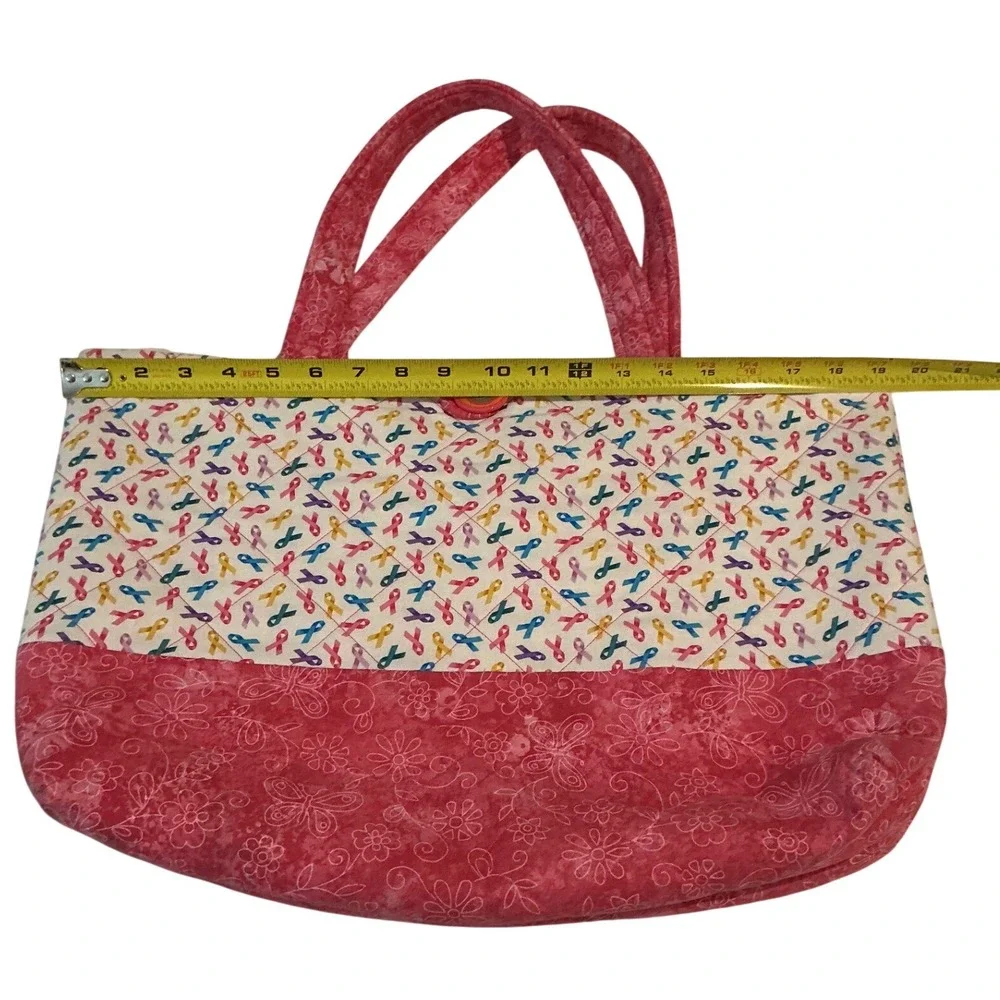 Quilted Tote Bag Womens Large Pink Awareness Ribbon‎ Floral Excellent